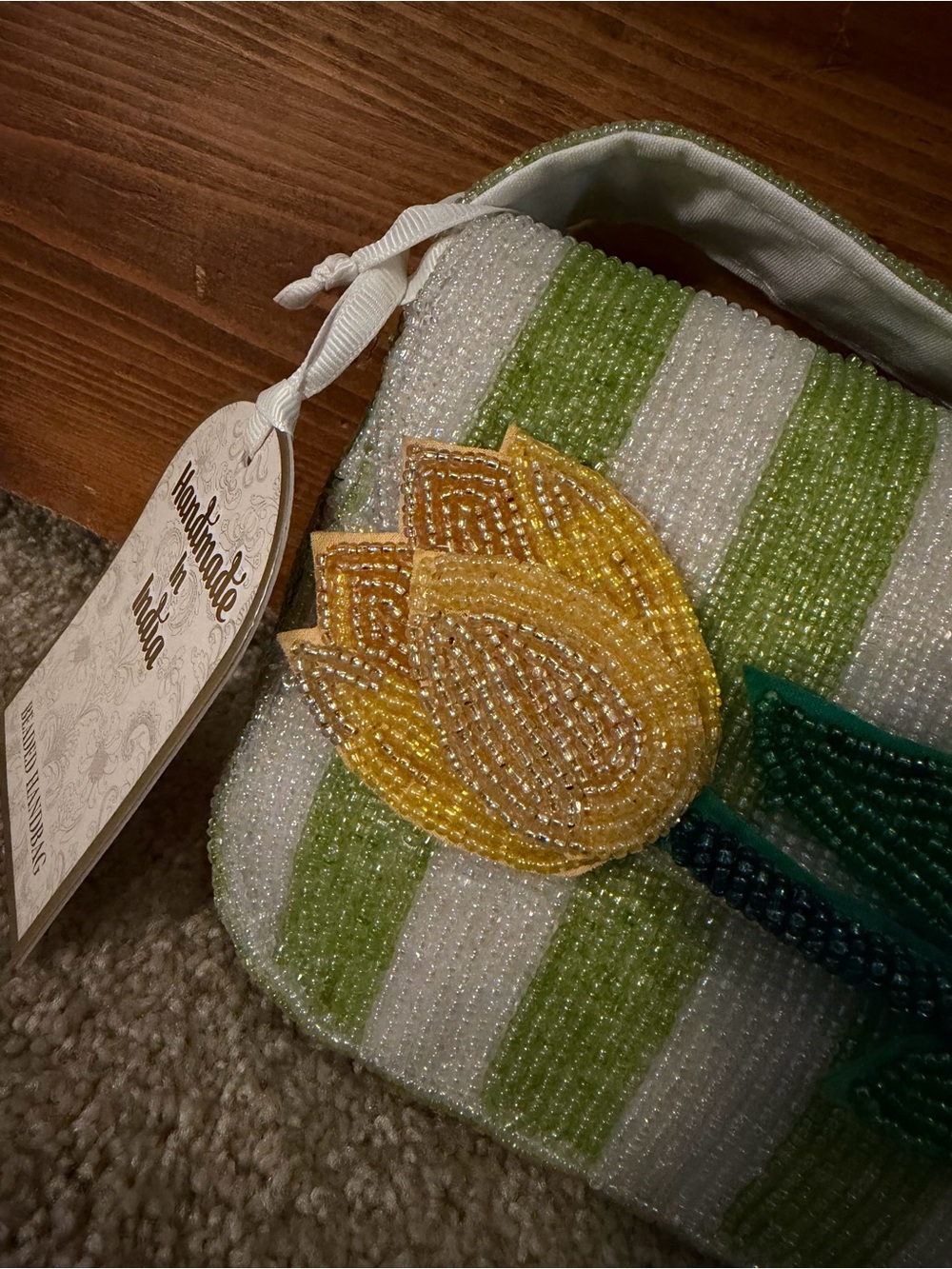 Handmade Green & White Striped Beaded Crossbody with Yellow Tulip - Picture 3 of 9